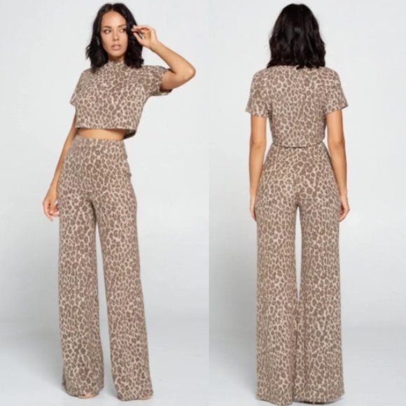 NWT Cream & Brown Animal Leopard Print Short Sleeve Tee & Wide Leg Pants EVA SET - Picture 1 of 5